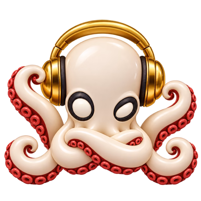 Playa octopus wearing gold headphones